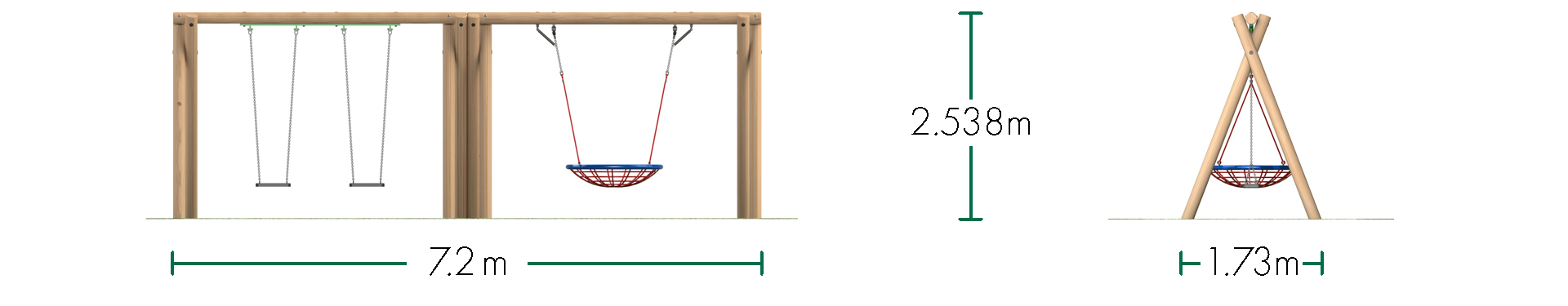 Double Bay Inclusive Timber Swing - 1 no. Group Swing and 2 no. Flat Seats
