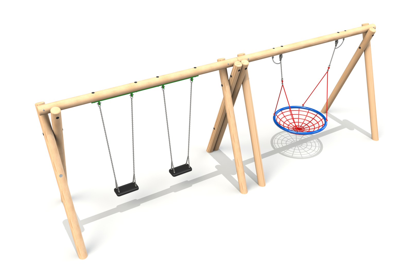 Double Bay Inclusive Timber Swing - 1 no. Group Swing and 2 no. Flat Seats