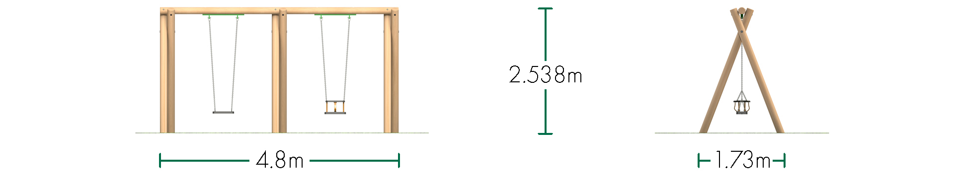 Double Bay Timber Swing - 1 no. Flat Swing and 1 no. Cradle Swing (2.4m)