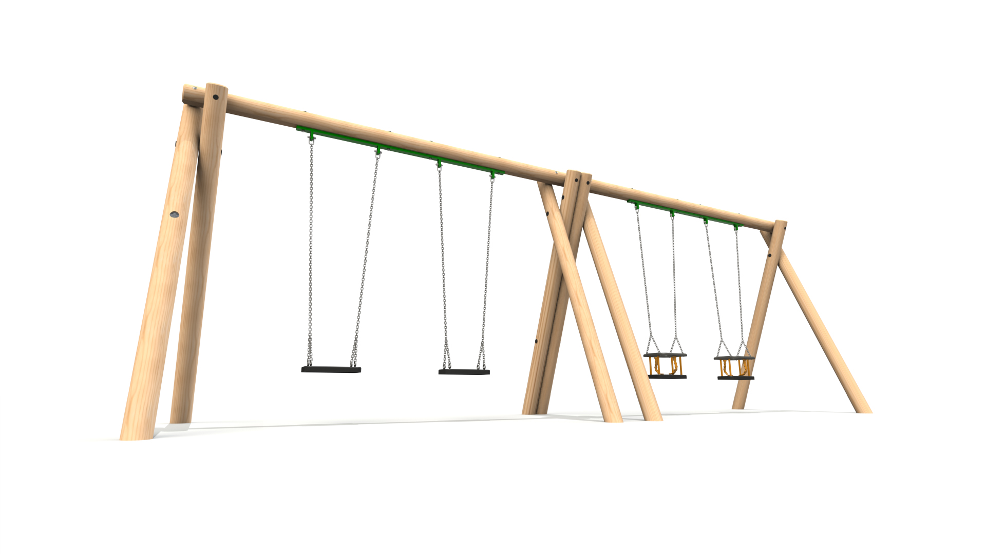 Double Bay Timber Swing Frame - 2 no. Flat Swings and 2 no. Cradle Swing Seats.
