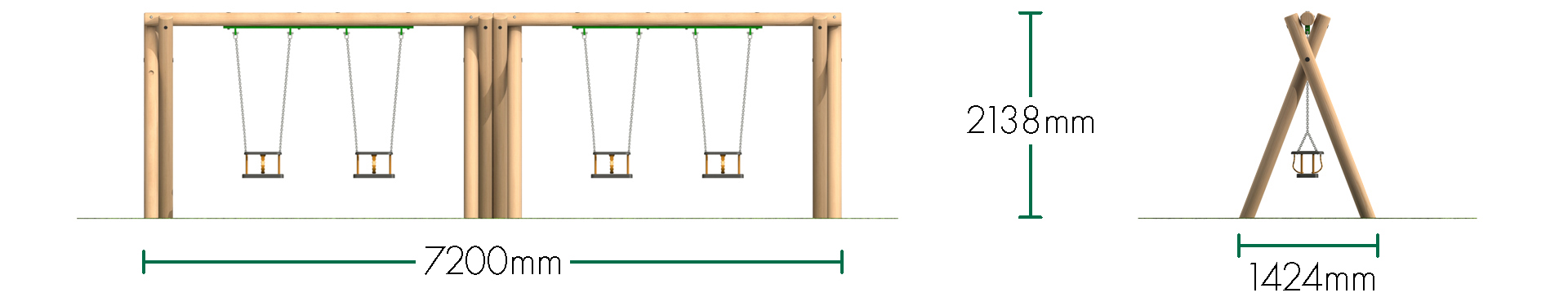Double Timber Swing Frame - 4 no. Cradle Swing Seats (2m)
